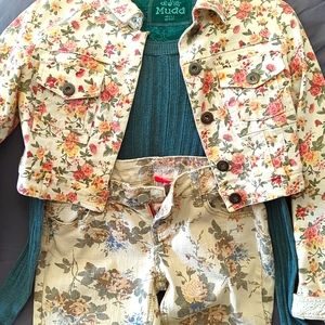 Girls 3 Piece Ensemble, Floral Denim Jacket, Jeans, and Green Knit Shirt, Size S